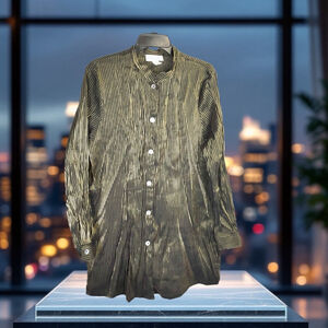 Impressions Antique Gold & Black Vertical Striped Button Long Blouse Women 18W